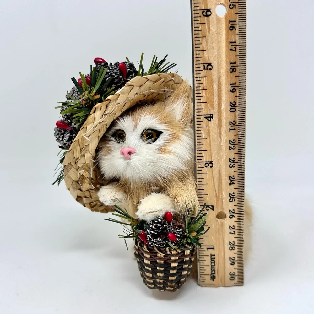 Vintage Miniature Real Fur Cat Figurine with Christmas Hat & Basket Buff White